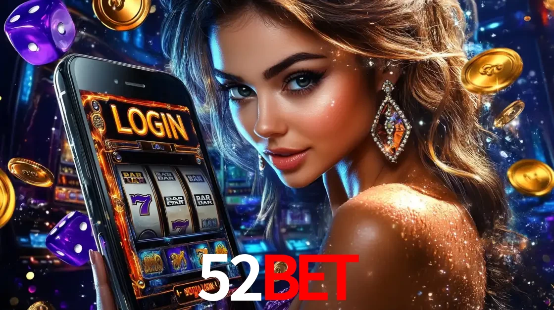 Mulher glamorosa segurando um smartphone com a tela de login para os jogos de caça-níqueis do cassino online 52BET, com moedas de ouro e dados ao redor.