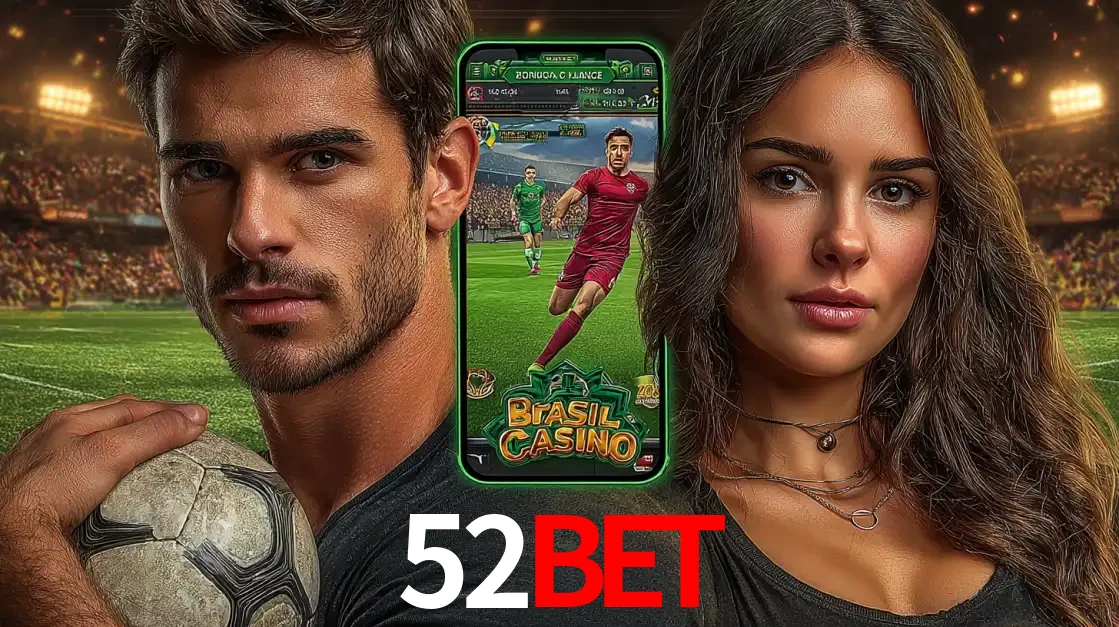 Homem segurando uma bola de futebol e uma mulher ao lado de um smartphone exibindo o jogo de apostas esportivas da 52BET. Faça seu palpite no cassino online.